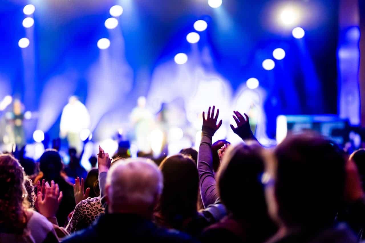 Energetic crowd enjoying a music concert under vibrant stage lights, capturing the spirit of live performance.